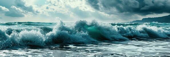 ai generado Tormentoso mar con salpicaduras ondas. panorámico vista. foto