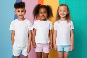 AI generated Happy kids in white t-shirts standing together on colorful background. Kids t-shirts mockup. photo