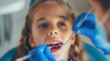 ai generado pequeño niña con abierto boca en del dentista oficina. odontología concepto. foto