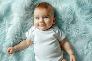 AI generated Cute little baby lying on a blue blanket. photo