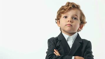 ai generado retrato de un pequeño chico en un traje en un blanco antecedentes. foto