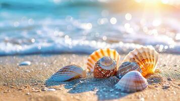 AI generated Shells on the beach. Sea background. Summer vacation concept. photo