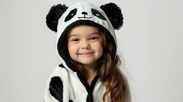 AI generated Cute little girl in a panda costume on a white background. photo