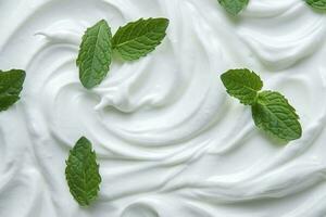 AI generated Close-up of white whipped cream texture with mint leaves. photo