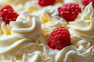 AI generated Close up of white whipped cream with raspberries for background and design. photo