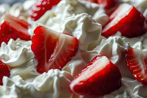 AI generated Close up of white whipped cream with strawberries for background and design. photo