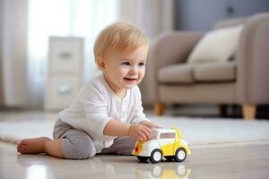 ai generado bebé chico jugando con juguete coche. foto