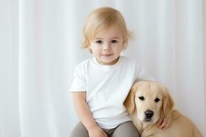 AI generated Adorable little baby with golden retriever. Baby t-shirt mockup. photo