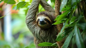 AI generated Sloth hanging on a tree branch in the rainforest. photo