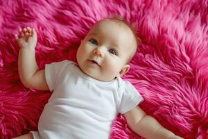 AI generated Cute little baby lying on a pink blanket. photo
