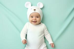 ai generado linda pequeño bebé vistiendo un oso sombrero. foto