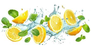 AI generated Fresh lemon and mint falling into water with splash, isolated on white background. photo