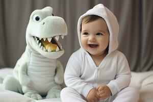 ai generado linda pequeño bebé en blanco pijama sentado en el cama con un juguete dinosaurio. foto