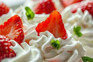 AI generated Close up of white whipped cream with strawberries for background and design. photo