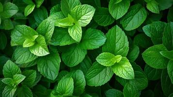 ai generado Fresco menta hojas en el jardín. menta hojas antecedentes. foto