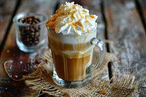 AI generated Coffee with whipped cream and caramel topping. photo