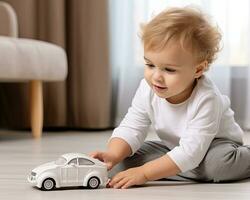 AI generated Baby boy playing with toy car. photo