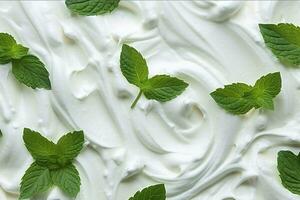 AI generated Close-up of white whipped cream texture with mint leaves. photo