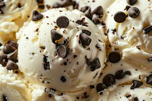 ai generado vainilla hielo crema con chocolate papas fritas, cerca arriba. foto