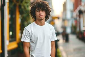 AI generated Young man in a white t-shirt is standing on the street. photo