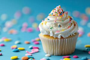 AI generated Cupcake with whipped cream and colorful sprinkles on a blue background. photo