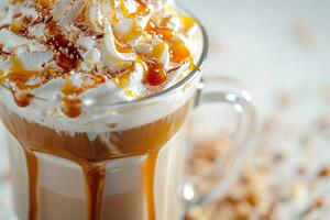 AI generated Coffee with whipped cream and caramel topping. photo