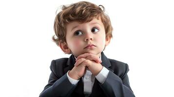 AI generated Surprised little boy in a suit on a white background. photo