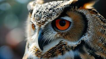 AI generated Portrait of an owl with big orange eyes, close-up. photo