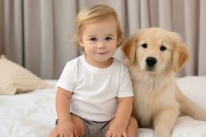 AI generated Adorable little baby sitting on bed with golden retriever. Baby bodysuit mockup. photo