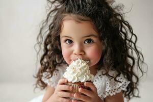 AI generated Cute little girl with curly hair eating a cupcake on a white background. photo