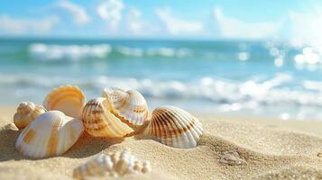 AI generated Shells on the beach. Sea background. Summer vacation concept photo