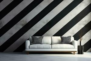 AI generated Interior of modern living room with black and white striped wallpaper and white sofa. photo