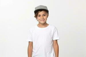AI generated Cute boy in white t-shirt and cap. Kids t-shirt mockup. photo