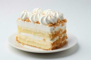 AI generated Piece of cake with whipped cream on a white plate isolated on a white background. photo