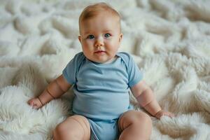 ai generado linda pequeño bebé acostado en un frazada. bebé traje Bosquejo. foto