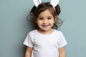 AI generated Cute little girl with bunny ears on a gray background. photo