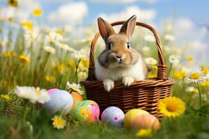 AI generated Cute little bunny and Easter eggs in a basket on a green lawn. photo