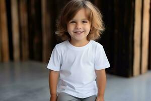 ai generado adorable pequeño niño. niños camiseta Bosquejo. foto