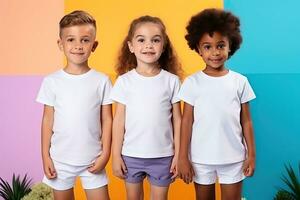 ai generado contento niños en blanco camisetas en pie juntos en vistoso antecedentes. niños camisetas Bosquejo. foto