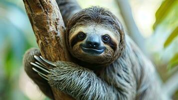 AI generated Sloth hanging on a tree branch in the rainforest. photo