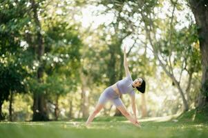 retrato de joven mujer practicando yoga en jardin.femenino felicidad. en el parque borroso antecedentes. foto