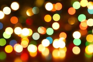 Colorful blurred bokeh lights. Abstract colorful Christmas tree garland lights background. Festive backdrop with copy space. Holiday illumination and decoration concept. Defocused image. photo