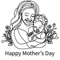 International Women's Day card, woman holding her child in heart with continuous one black outline line drawing Happy mothers day banner doodle style vector illustration