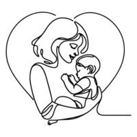 International Women's Day card, woman holding her child in heart with continuous one black outline line drawing Happy mothers day banner doodle style vector illustration