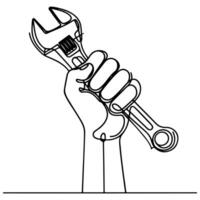 AI generated hand holding spanner wrench, Happy Labour Day Continuous one line draw design vector graphic illustration with black outline drawing Labor Day icon