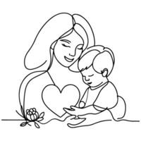 International Women's Day card, woman holding her child in heart with continuous one black outline line drawing Happy mothers day banner doodle style vector illustration