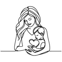 International Women's Day card, woman holding her child in heart with continuous one black outline line drawing Happy mothers day banner doodle style vector illustration