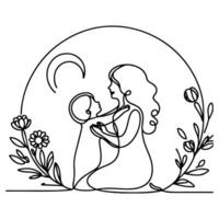 International Women's Day card, woman holding her child in heart with continuous one black outline line drawing Happy mothers day banner doodle style vector illustration