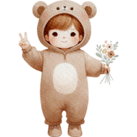 ai generato adorabile bambino piccolo indossare orso costume acquerello clipart isolato trasparente sfondo png