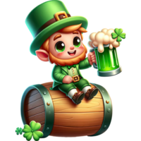 AI generated Leprechaun cute cartoon character 3D Drink beer sitting on a beer keg png